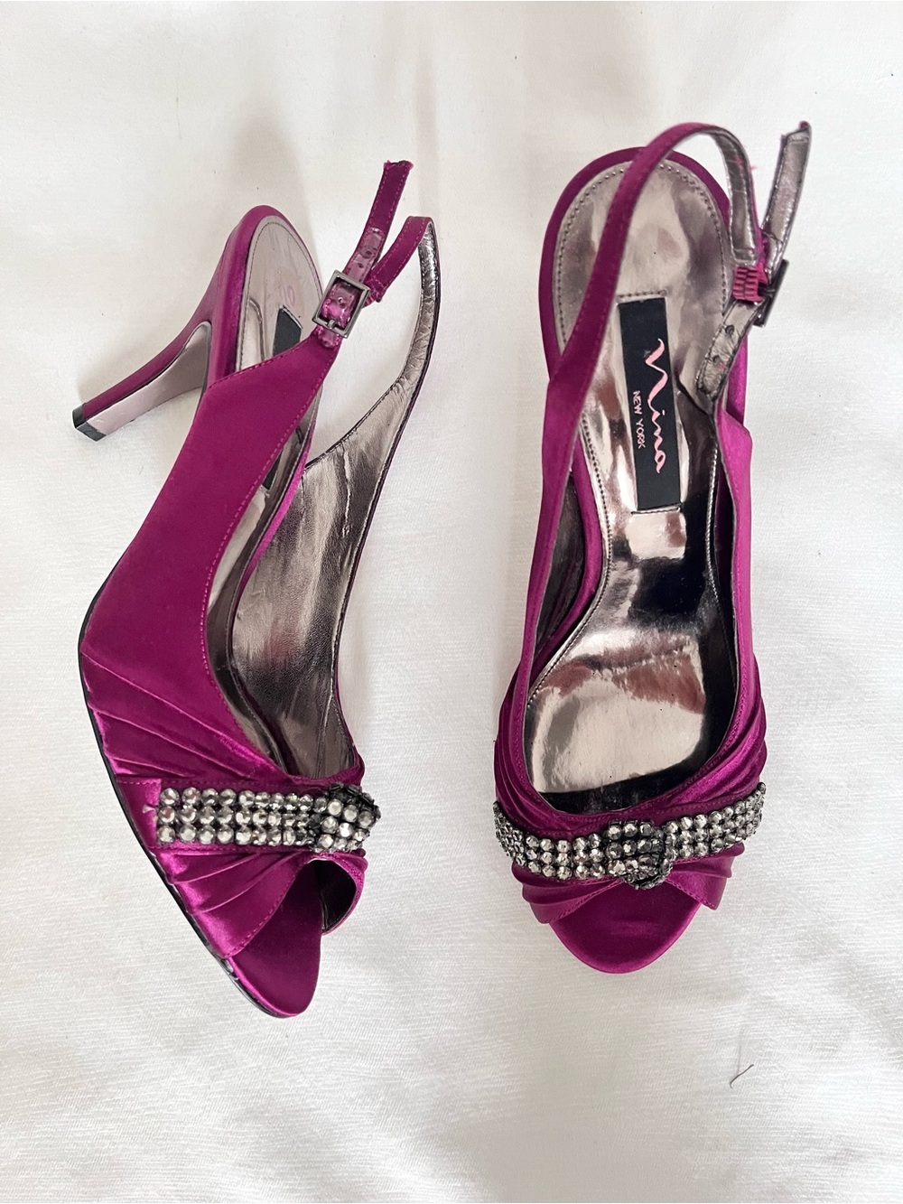 Nina Magenta Rhinestone Satin peep toe sling back heels 10